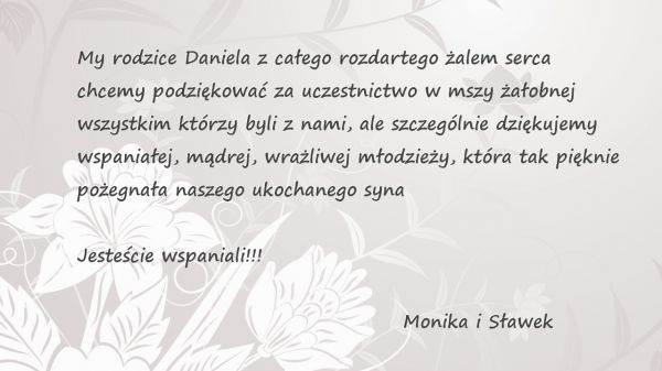 Podziękowania rodziców Daniela